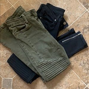 Black and olive green moto jeans